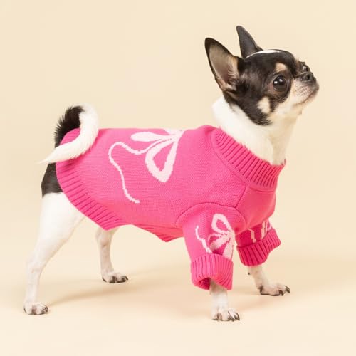 Image of Fitwarm Bowknot Valentine's Dog Sweater, Thermal Winter Clothes for Small Dogs, Charming Valentine's Outfit, Dog Pullover Jumper, Holiday Pet Apparel, Pink, Medium