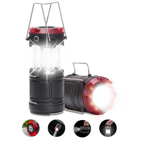 Lichamp 2 Pack Black LED Camping Lanterns, 250 + 100 Lumen, Waterproof, 3 AA Batteries, 4 Modes: Lantern, Flashlight, Red Strobe/SOS, Collapsible & Magnetic Base, Hanging Hook, H2BK