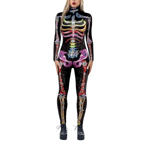 Combinaison latex intégrale femme en cuir verni à col montant et motif crâne