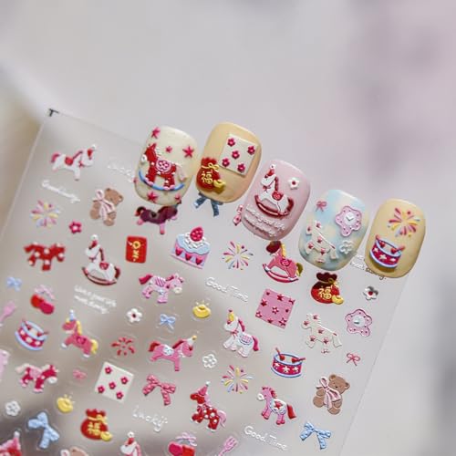 Image of Colorful Nail Stickers Pony Horse Nail Art Stickers 5D Embossed Self Adhesive Nails Art Designs Supplies for Women Manicure Decoration Accessories 1 Sheets