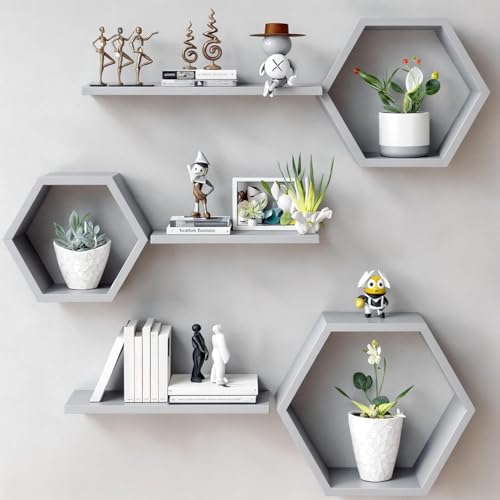 Image of Dream Decor Shoppee Engineered Wood Woden Hexagonal Shape Wall Hanging Rack Floating Shelves for Display for Photos,Plants Living Room, Bedroom,Bathroom, Kitchen, Office (Grey)