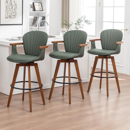 Image of LUNLING 26 inch Counter Height Stools Set of 3.Mid Century Modern Bar Stools,Green PU Leather Kitchen Island Stools,Wood High Barstools Swivel with Back and Arms for Home Bar Furniture