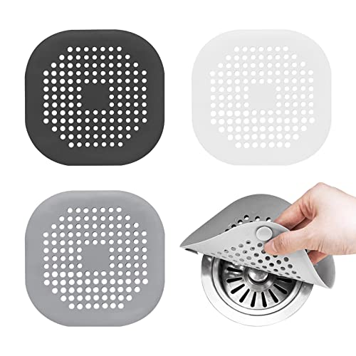 3 Packs Drain Hair Catcher, Square Drain Cover For Shower Durable Silicone Hair Stopper With 4 Suction Cups Easy To Install And Clean Suit For Bathroom Bathtub And Kitchen (Grey White Black) #TOP4