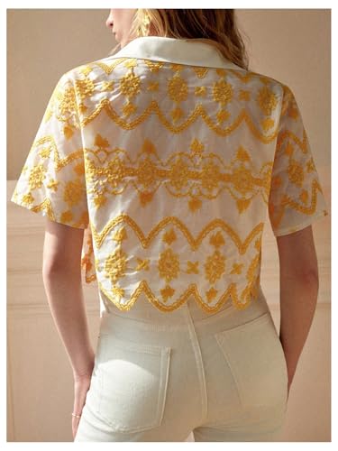 SweatyRocks Women's Short Sleeve Button Down Collared Blouses Boho Summer Embroidery Crop Top2