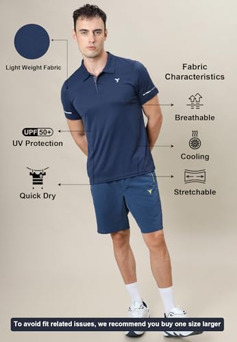 Image of TECHNOSPORT Men's Solid Slim Fit Polo Collar T-Shirt TECHNOCOOL+ Half Sleeve Button Polyester for Gym Running Workout UPF50+ Anti Odour