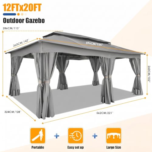 Image of COBIZI 12x20 FT Gazebo Outdoor with Curtains, Heavy Duty Soft Top Gazebo Canopy with Double Roof, Large Metal Frame Gazebos for Patio, Backyard and Deck (Gray)