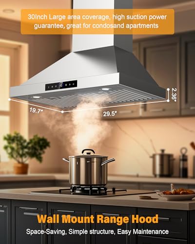 30 Inch Wall Mount Range Hood 1200CFM, 4-Speed Smart Wall Mount Range Hood with Touch Sensor & Remote, Dual LED Lights, Baffle Filters Ducted/Ductless Convertible Pro Series