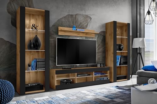 Komodee Wohnwand Wohnzimmerset Tivoli Grande, Schwarz/Wotan, Breite 250cm x Höhe 159cm x Tiefe 35cm, ohne LED, für Wohnzimmer, Schlafzimmer Komodee Wohnwand Wohnzimmerset Tivoli Grande, Schwarz/Wotan, Breite 250cm x Höhe 159cm x Tiefe 35cm, ohne LED, für Wohnzimmer, Schlafzimmer