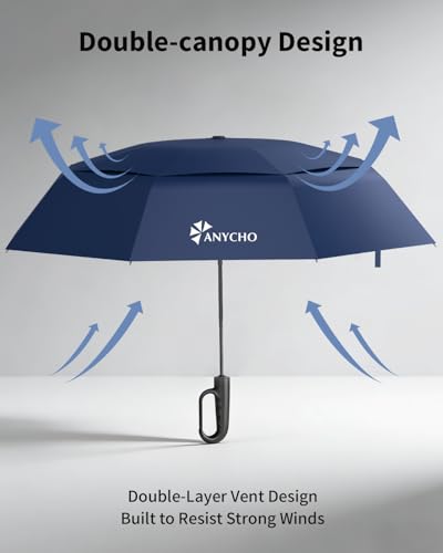 Image of ANYCHO 54 Inch Umbrella for Rain Big Size, Double Layer Vented Sun Umbrella with Carabiner Handle & 8 Double Ribs, Windproof Waterproof Auto Open Umbrella for Men Women