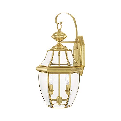 Livex Lighting 2251-02 Monterey 2 Light Outdoor Polished Brass Finish Solid Brass Wall Lantern With Clear Beveled Glass, 20.25" X 10.5" X 10" #TOP3