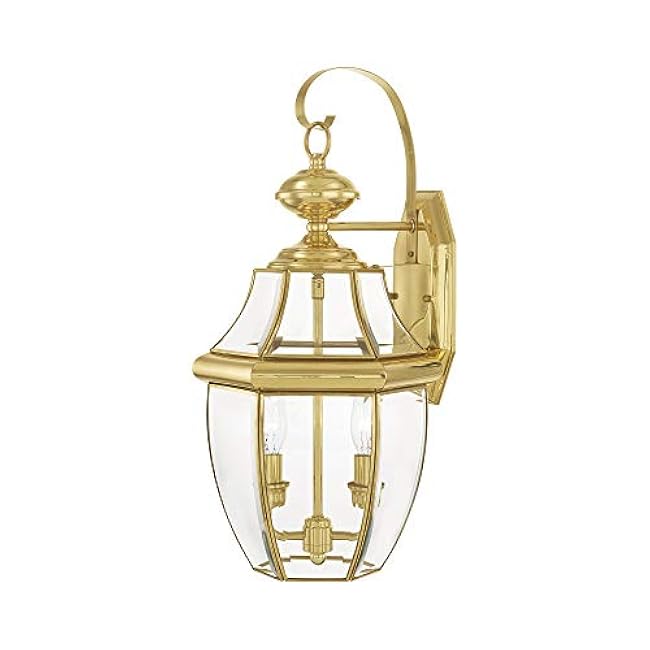 Livex Lighting 2251-02 Monterey 2 Light Outdoor Polished Brass Finish Solid Brass Wall Lantern with Clear Beveled Glass, 20.25 x 10.5 x 10
