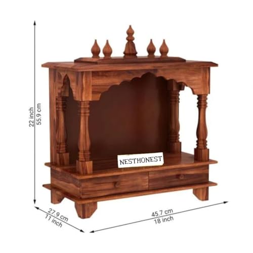 Image of Wall Mounted Solid Sheesham Wood Puja Mandir for Home Solid Wooden Temple for Puja Room with 2 Drawer Storage Pooja Ghar Wooden Furniture for Pooja Room Sheesham Wood, Honey Finish (Honey, 2 Drawers)