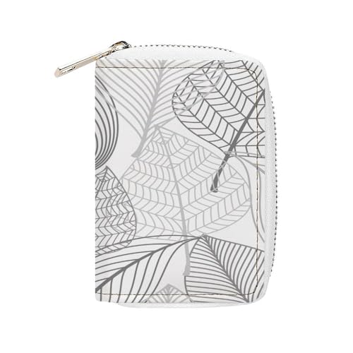 Women Leather Coin wallet, Key Change Organizer Zipper Card Holder Purse Clutch Pouch Pocket 4.5x3.15 in Print Seamless Autumn Black White Leaves Gold Leaf Silhouettes