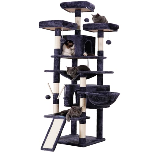 Image of Hey-brother Cat Tree, 71 inches XL Large Cat Tower for Indoor Cats, Multi-Level Cat House with 3 Padded Perches, Big Scratcher, Cozy Basket, 2 Cat Condos and Scratching Posts, Smoky Gray MPJ034G