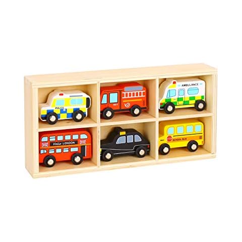 Woody Treasures Wooden Toy Car Set - 6-Piece Wooden Cars Toy with Box - Colourful Vehicle Toys for Ages 3 & Up - Educational & Fun for Kids, Toddlers, Preschoolers, Girls & Boys Cover