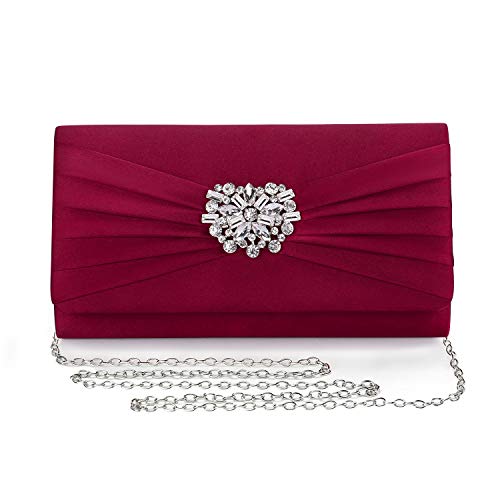 Image of Evening Bags For Women Pleated Satin Rhinestone Brooch Prom Clutch Purse With Detachable Chain Strap
