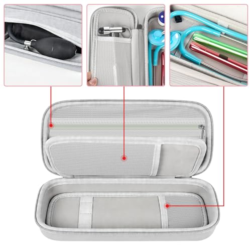 Image of Stethoscope Case for 3M Littmann Classic III and BP Cuff-Grey | Also Fits Paramed, for FriCARE and for Scienlodic; Layered Pockets Organize Medical Tools, Case Only