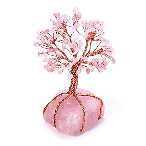 GEHECRST Natural Rose Quartz Healing Crystal Stone Tree Handmade Wire Wrapped Natural Quartz Crystal Gemstone Feng Shui Money Tree Ornament for Home Office Desk Deco Gifts for Mom Mother's Day