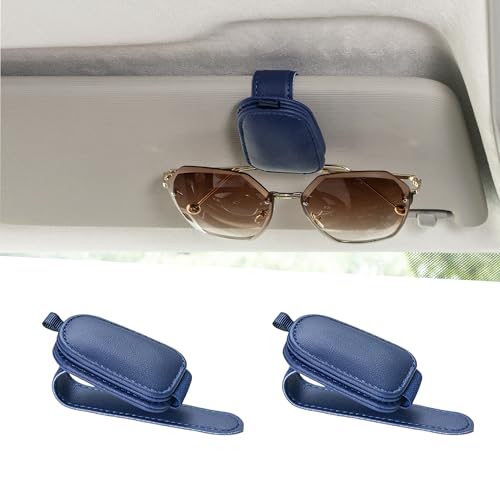 Image of Yuoyar 2 Packs Sunglasses Holders for Car Visor - Magnetic Leather Sunglasses Holder and Ticket Card Clip - Car Visor Accessories (Blue)
