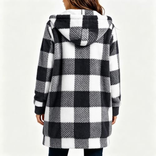 MaMiDay Fleece Jacket Women Plaid Sherpa Hooded Long Coat with Pockets - image 3