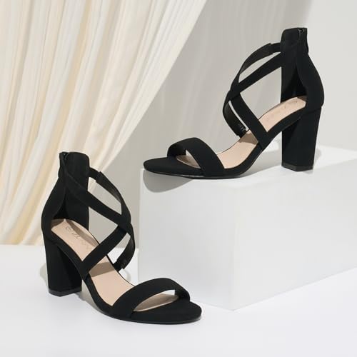 Image of ZURIN Women's Strappy Block Heels Chunky High Heels Sandals Open Toe Ankle Strap Pumps Dress Shoes for Wedding Bridal Evening Party Prom