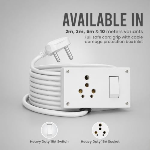 Image of 16A Heavy Duty Extension Board with 3 Core ISI Certified Full Gauge Copper Wire, Fire Retardant, Switch Box & Socket, 2200W Power Strip for Home Appliance & EV Charger 3M Cable