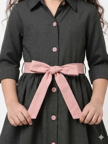 Image of A.T.U.N. (ALL THINGS UBER NICE) Girls 100% Cotton Shirt Dress with Belt | Solid Button-Down Dress with Collar Neck | Soft Breathable Kids Outfit for Girls