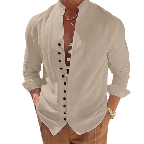 Puimentiua Camisa de Lino para Hombre, Camisa Ligera de Verano de Manga Larga, Camisa Henley de Playa con Cuello Alto
