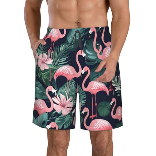 Pink Flamingo Print Men's Swim Trunks | Quick Dry Drawstring Beach Shorts