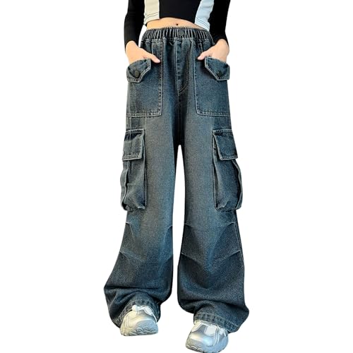 Girls Cargo Wide Leg Jeans Y2K Kids Loose Fit Boyfriend Denim Baggy Pants with Multi Pockets, 5-15Yrs3
