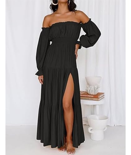 Image of ECDAHICC Women's Boho Sexy Off Shoulder Long Sleeve Maxi Dress High Waist Side Split A Line Tiered Long Dresses