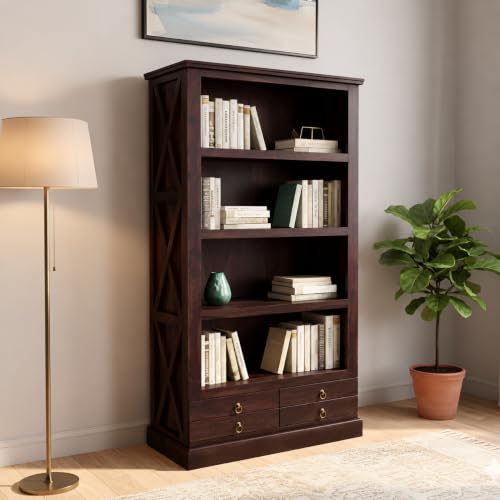 Image of SONA Art & Crafts X-Cross Sheesham Wood Bookshelf for Home & Library | Multipurpose Open Book Shelf Wooden | Storage Cabinet for Living Room | Display Unit Book Stand for Office | Walnut Finish