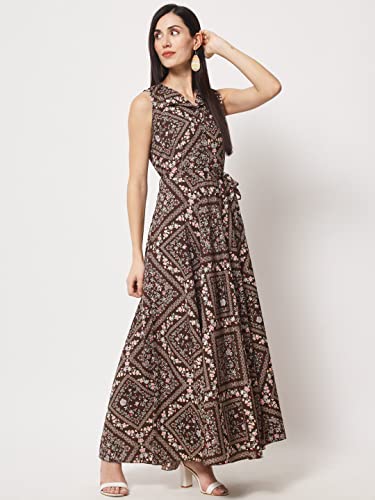 Image of Rudraaksha Women's Printed Maxi Dress Sleeveless Fit & Flare Long Dress || Western Dress for Women || Stylish Maxi Dress Dress || Summer Dress || Boho Printed Dress for Women