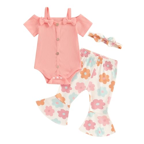 Image of fhutpw Newborn Baby Girl Clothes Infant Rib Frill Long Sleeve Romper Flared Pants Headband Set 3pcs Fall Winter Outfits