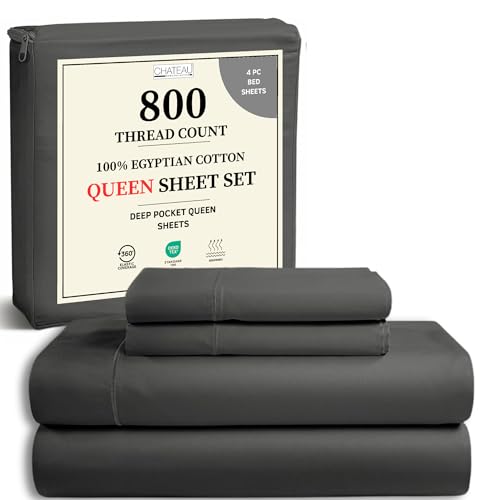 800 Thread Count Egyptian Cotton Sheets Queen Sheet Set Deep Pocket,100% Cotton Bed Sheets Queen Size Set, No Pill Soft & Comfy Naturally Cool Breathable Elasticated Sheet & Pillowcase Sets- Charcoal