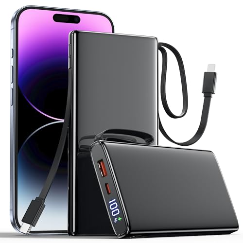 Portable Charger 10000mAh - 27W 22.5W Fast Charging Power Bank With Built in Cables, USB C In Out Portable Battery Pack, LED Display Charging Bank External Phone Powerbank for iPhone, Samsung, Black