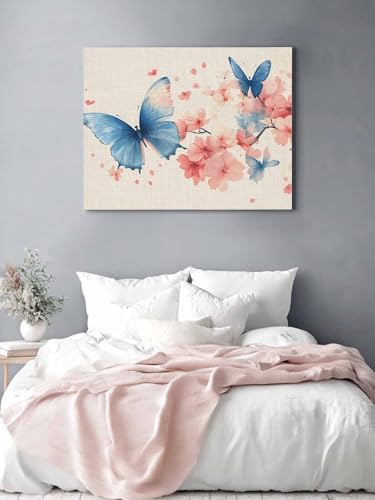 Vandaluuki アートパネル 桜 花 青い蝶 ベージュバック アートボード ポスター 80x60cm 壁掛け 壁画 壁飾り 部屋飾り 飾り絵 絵画 インテリア ソファの背景画 完成品 モダン 現代 玄関 部屋 リビングルーム ギフト