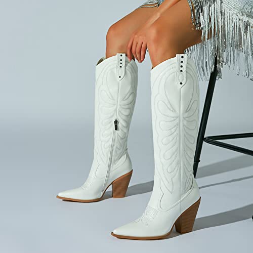Seifin Women's Embroidered Cowgirl Boots Knee High Medium Stacked Chunky Heel Western Cowboy Tall Boots Studded Pointed Toe Shoes(White,Us 8) #TOP4