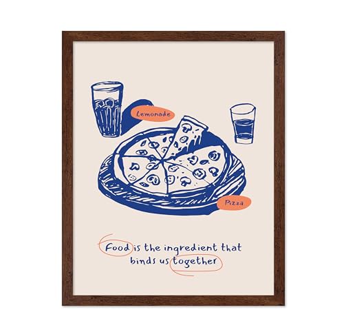 Poster Master Food Binds Us Together Poster - Retro Pizza Print - Lemonade Art - Food & Drink Graphic - Sketch Drawing - Chic Boho Decor - Aesthetic Kitchen or Restaurant Decor, 16x20 Brown Frame
