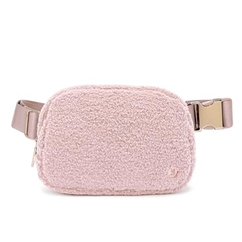 FODOKO Sherpa Belt Bag, Fleece Crossbody Bag Fanny Pack for Women Fashionable Everywhere Waist Bum Bag Pack with Hardware Buckle Pink