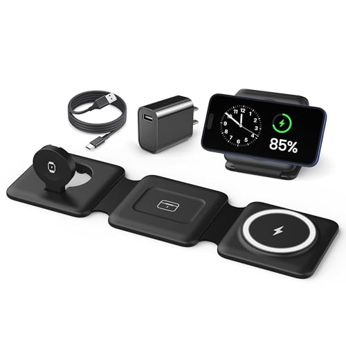 Magnetic Wireless Charger for iPhone: Fodable 3 in 1 Charging Station for Multiple Apple Devices - Travel Charging Pad Dock for Apple Watch iPhone 17 16 15 14 13 12 Pro Max Plus & Airpod