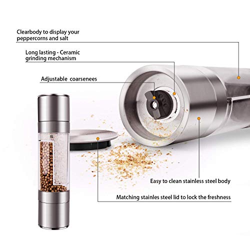 Mixoo Salt And Pepper Grinder - 2 In 1 Manual Stainless Steel Salt Pepper Mill Herb Spice Grinder Shakers Refillable With Adjustable Coarseness Ceramic Rotor And Dual Clear Acrylic Chamber #TOP1