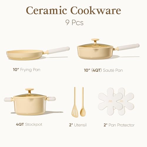 Image of CAROTE Pots and Pans Set Nonstick, Ceramic Cookware Set, Yellow Cooking Set Kitchen Induction Set with Steamer, PFAS PTFE Free,9 Piece