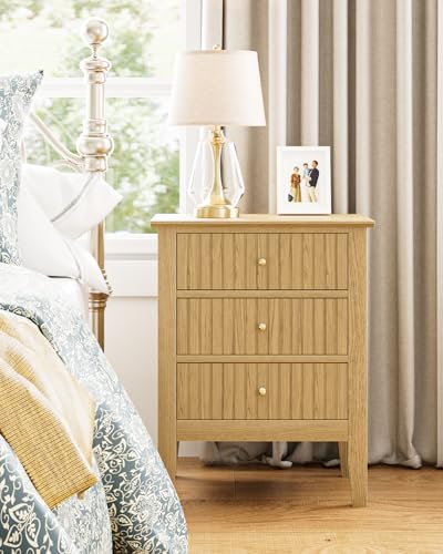 Image of Fluted Nightstand, Farmhouse Night Stand with 3 Drawers, Mid Century Modern Side Accent Table,Bedside End Table for Bedroom, Living Room, Oak
