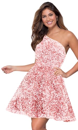 One Shoulder Homecoming Dresses for Teens Short Sequins A-Line Formal Party Gown with Pockets