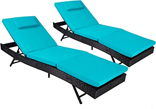Suncrown 2-Piece Outdoor Chaise Lounge Patio Lounge Chair Sets - Black Wicker Adjustable Back Reclining Chair With Cushion For Poolside, Garden, Backyard - Blue #TOP23