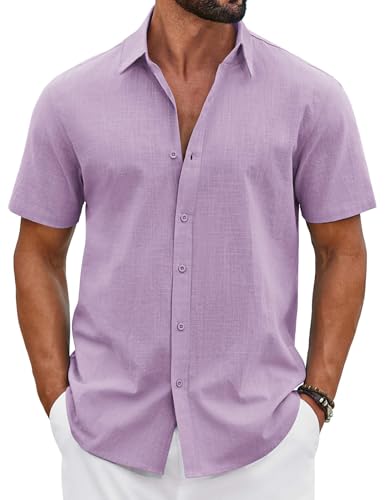 COOFANDY Mens Summer Beach Cotton Linen Short Sleeve Untucked Shirts Casual Button Down Shirts for Men Lavender