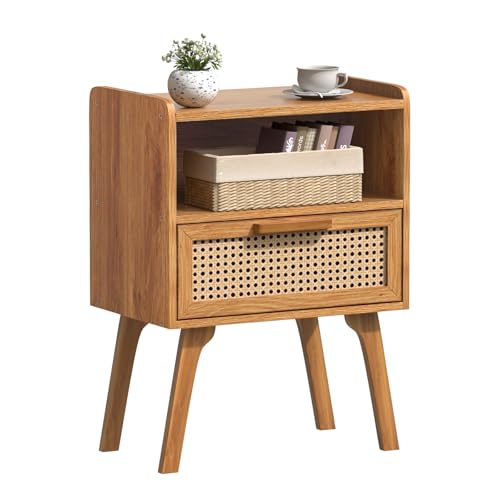 Image of Lerliuo Rattan Nightstand, Side Table with Drawer Open Shelf | Bedside End Table with Solid Wood Legs, Mid Century Modern Night Stand for Bedroom, Dorm and Small Spaces (Tea Brown)