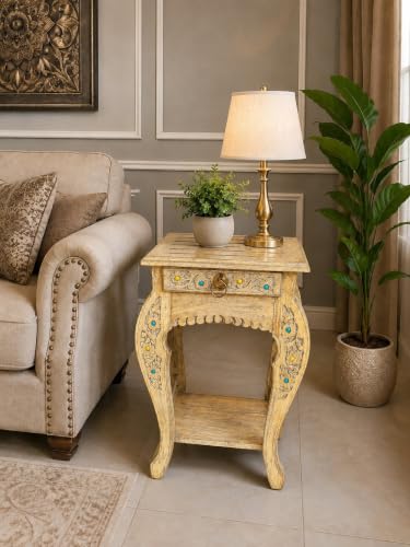 Image of Multipurpose Table Outdoor Indoor Stool Flower Vase Stool with One Drawer Material Mango Wood Size 30.5CM x 30.5CM x 53.3CM (Lite Yellow Antique)