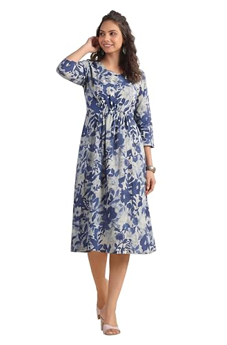 Image of Janasya Women's Cotton Floral Printed Gathered Dress